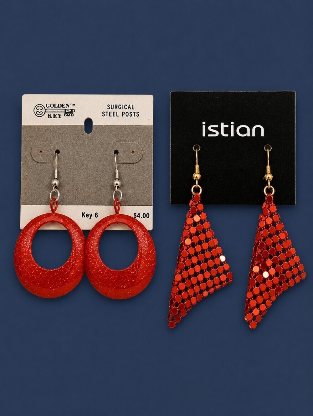 Vintage Red Creole Mesh Dangle Hook Earrings Set